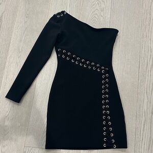 Parker Black One-Shoulder Dress with Silver Eyelets